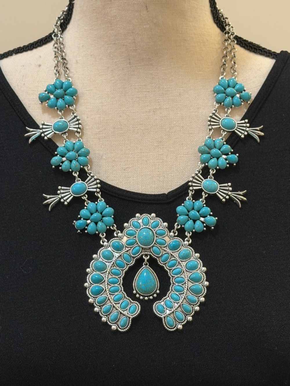 Turquoise & Silver Squashblossom Necklace